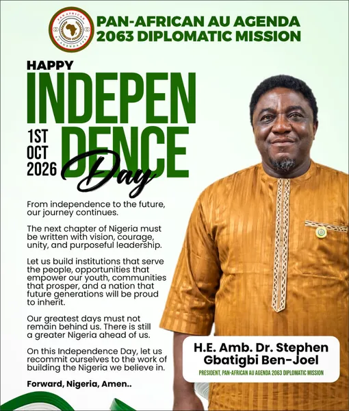 Nigeria Independence Day message — supplied campaign artwork. Dates and announcements are reproduced as shown in the original.