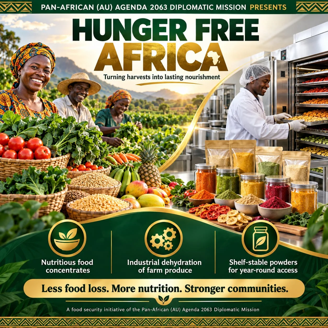 Hunger Free Africa — supplied campaign artwork. Dates and announcements are reproduced as shown in the original.