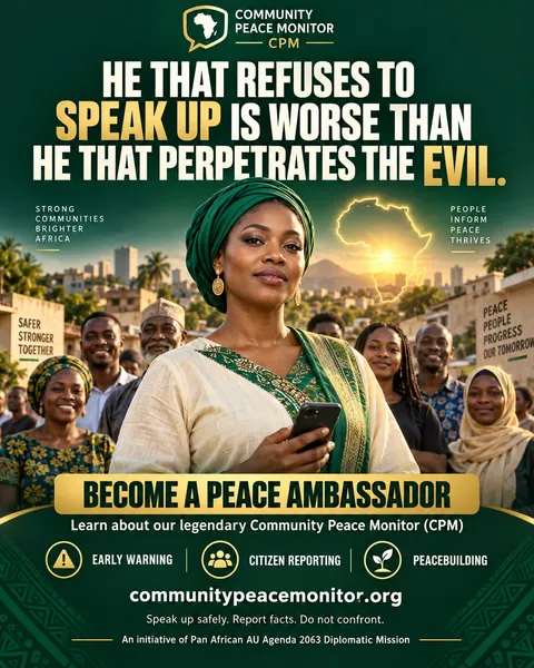 Community Peace Monitor — supplied campaign artwork. Dates and announcements are reproduced as shown in the original.