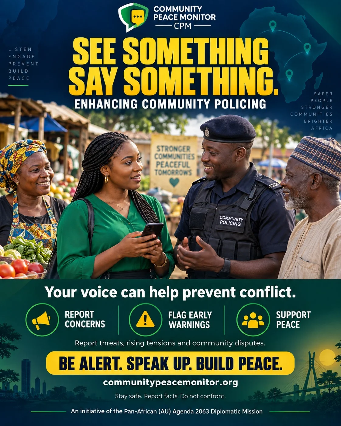 Community Peace Monitor — supplied campaign artwork. Dates and announcements are reproduced as shown in the original.