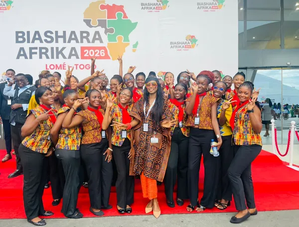 Group photograph in front of the Biashara Afrika 2026 backdrop in Lomé, Togo.